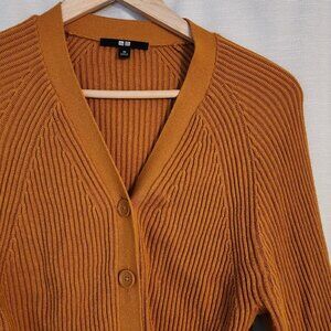 Uniqlo Cotton Cashmere Ribbed Knit Sweater Cardigan Size XS Mustard Yellow Japan